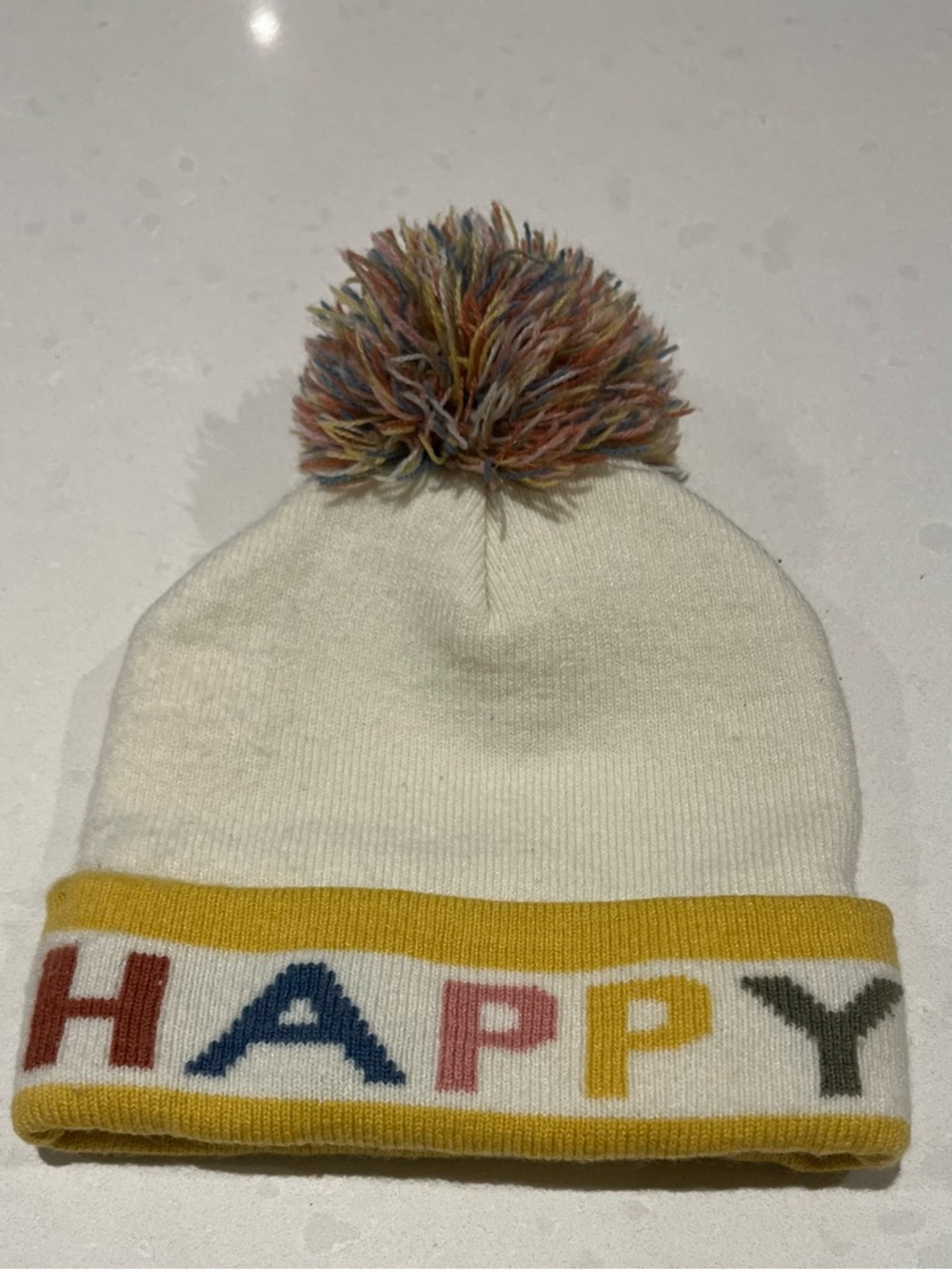 Cream Pom-Pom Hat with 'HAPPY' Knit Trim 6-12m